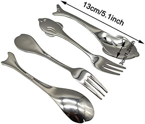 Maydahui 6pcs Café fofo colher de peixe colher de forma e garfo 5,1 polegadas 18/10 （304） Aço inoxidável Dolphin Whale Puffer Puffer Puffer Taspoon Sobremesa Cream de gelo Sperk Forks Design para Home Kitchen Restaurant Restaurant