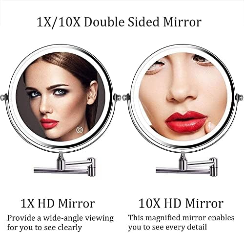 Espelho de maquiagem iluminada com parede recarregável de 8 polegadas com 3 luzes coloridas, laterais duplas 1x/5x espelho de