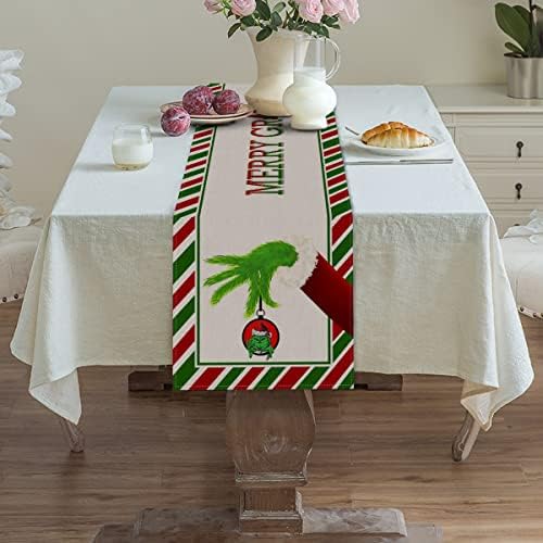 Vohado Mesa de Natal Runner Merry Grinchmas Tabela Capa Decoração de Festas de Férias de Inverno de Inverno Cozinha Interior