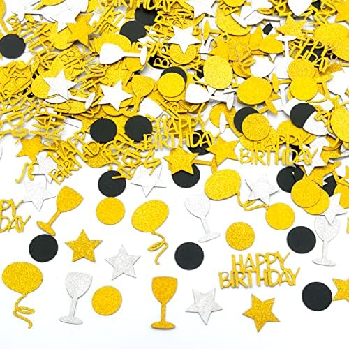 300 peças Glitter Gold Gold Birthday Birthday Party Confetti Aniversário Bolo Confetti Glitter Balloon Wine Glass Star Round Dot Table Confetti para festa de aniversário, chá de bebê, artes de bricolage e criação