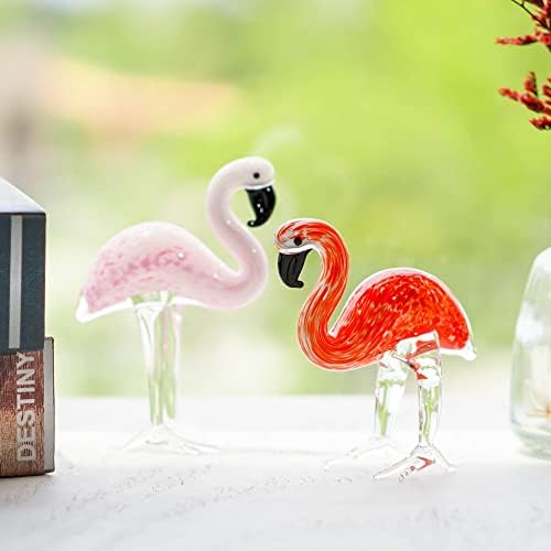 Qfkris qf vidro artesanal flamingos de amor tumulto de arte estatueta de animais soprada por vidro, pacote de 2