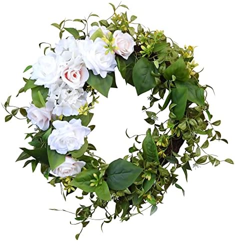 Haute Decor rosa e branca Rosa e hortênsia floral e vegetação grinalda com base natural de videira para a primavera, decoração de