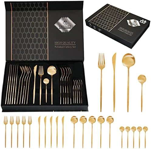 Utensílios de ouro de 24 peças para 6 peças para 6, colheres de ouro e garfos, conjunto de talheres de ouro em aço inoxidável Conjunto de talheres de cozinha de cozinha de cozinha caseira