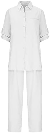 Linho de algodão feminino HGPS8W Roupas de duas peças verão solto 3/4 manga de tamanho grande e calças cortadas
