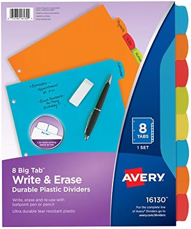 Avery 8-TAB plástico Divisores de fichário, escreva e apagar as abas grandes multicoloras, 1 conjunto, multicolor translúcido e 16130