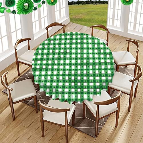 Toalha de mesa redonda 60 polegadas, pano de mesa xadrez verde do dia de São Patrício para a decoração da cozinha rústica