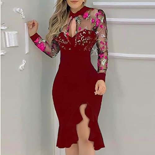 Yayiya Summer Summer Fall Bustier Dress for Girls Manga Longa Dupe Slim Tunic Bodycon Sexy Peplum Mesh com Dress Slit MM