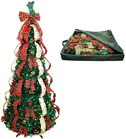 Árvore de Natal totalmente decorada, vestida - pré -iluminada 6 pés Pull Up Up com bolsa de armazenamento - inclui decorações