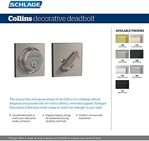 Schlage B60 n Col 622 Deadbolt com Collins Trim, com chave 1 lateral, maior segurança residencial, preto fosco