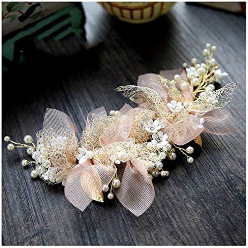 Doubao lindo rosa pérola flor de noiva Ponto de cabeça dourada com folhas de folhas de folha de cabeça pérola jóias de jóias de cristal Tiara Bridal Acessórios de casamento