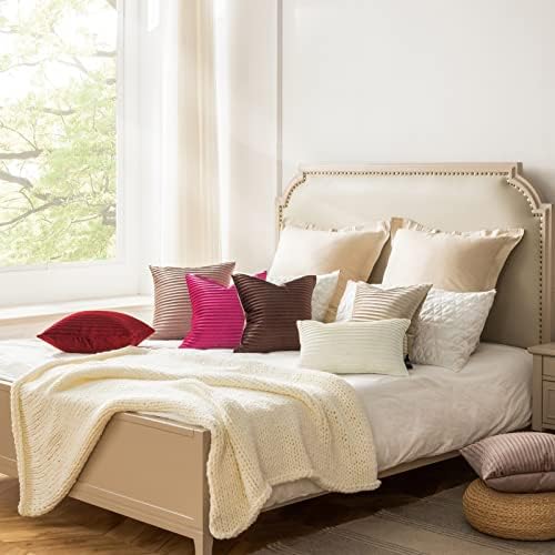 Pacote fantasmoscópio de 2 capas de travesseiro decorativo de veludo - Projeto plissado de veludo triturado - barra de travesseiro quadrado sólido macio para cama de sofá e cadeira, rosa quente, 18 x 18 polegadas 45 x 45 cm