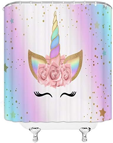 Curta do chuveiro unicórnio Magic Head Flor Rainbow Romântico Romântico Twinkle Star Girl Baby Pink Fardar Cartoon Animal Dream Home Cortanas do banheiro Decoração de tecido Poliéster 70x70inch com ganchos