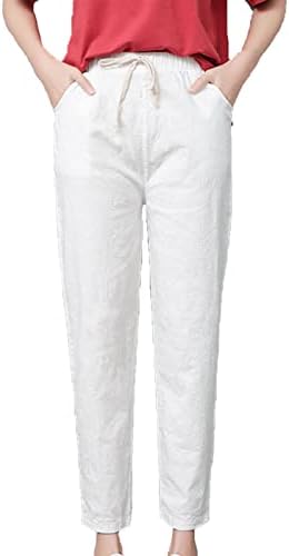 Calça de cordão de linho feminino calças cortadas verão calça de cintura elástica e elástica mole cônica com bolsos