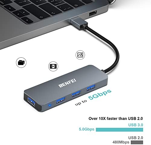 Benfei USB 3.0 Hub 4 portas, Ultra-Slim USB 3.0 Hub compatível para MacBook, Mac Pro, Mac mini, IMAC, Surface Pro, XPS, PC, Flash