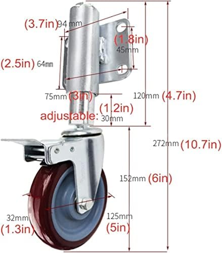 Casters Poliuretanos com molas com mola de portão de portão, 5 polegadas de móveis para mobília pesada roda giratória, altura ajustável 30/60mm, capacidade de carga 220 libras, com 4 orifícios Rodas de serviço pesado de placa universal