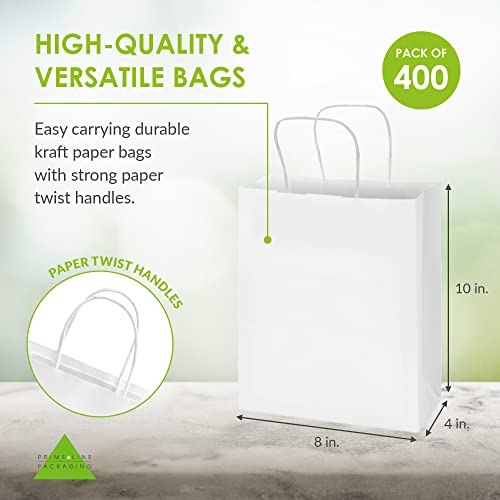 Bolsas brancas com alças a granel - 8x4x10 polegadas 400 Pacote pequenas sacolas de compras de papel kraft, bolsas de presente