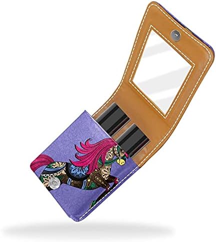 Horse Rainbow Purple Lip Gloss Selder Lipstick Case de maquiagem portátil Bolsa de viagem Caixa de batom de batom com espelho Mini Lipstick Storage Box for Women