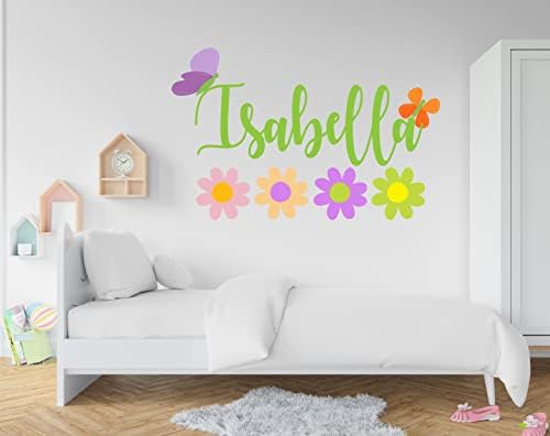 Flores Nome personalizado Decalque de parede - Decalque da parede da margarida - Flores pastel e borboletas decalque personalizado de parede - decalque de arte de parede floral personalizada - Decalque de parede mural de flores para meninas quarto - Flores de decoração de meninas adesivos - decalq