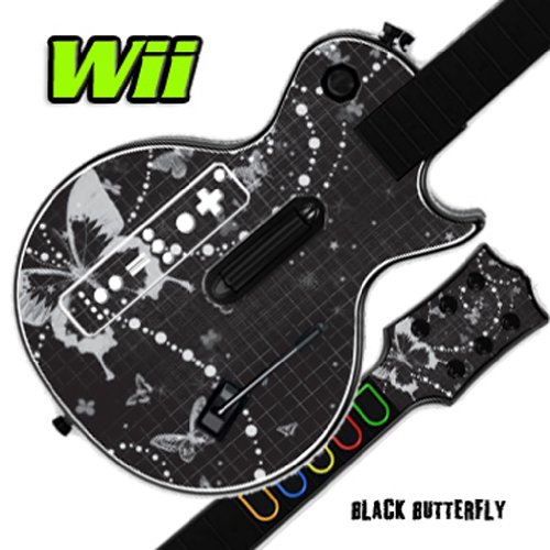 Capa de decalque de pele de poderoskins para guitarra herói 3 iii nintendo wii les paul - borboleta preta