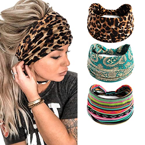 Eyanse Workout Bandas para a cabeça para mulheres leopardo boho retro Paisley Fashion Fashion Stretch Head envolta Yoga Hair Bandana
