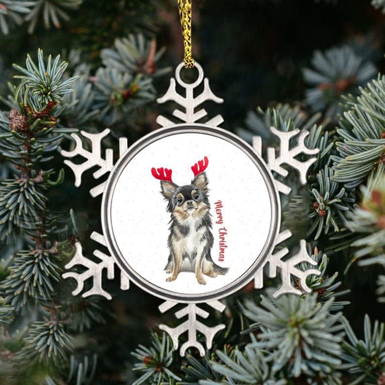Cachorro com chifres de arrast arrast ornamento de 3 polegadas, ornamento de cão de Natal Feliz, animal de estimação