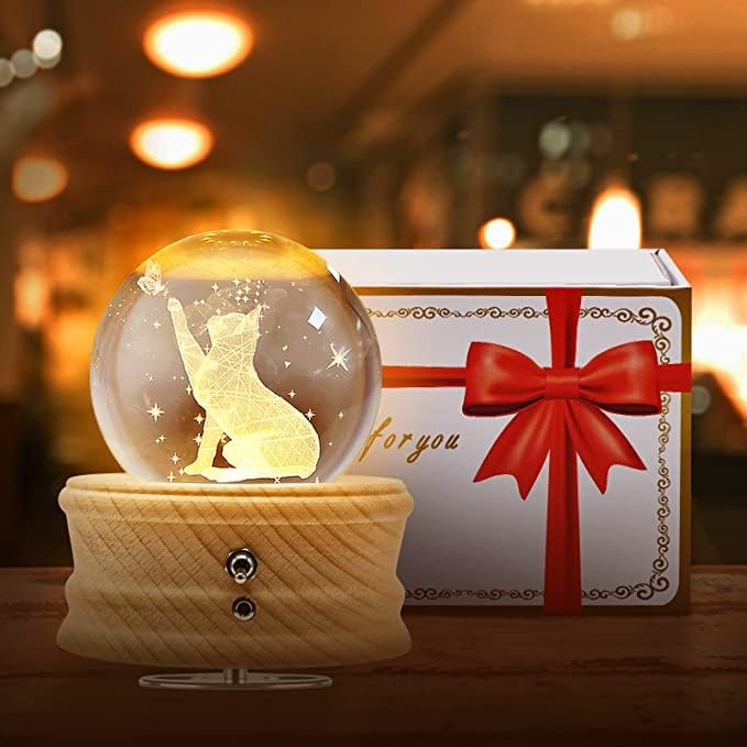 Caixa de música de Ball Crystal Ball, globo rotativo em 3D com projeção de luz quente, Base de madeira Caixa musical USB, presente