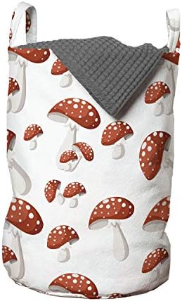 Bolsa de lavanderia da natureza de Ambesonne, motivos de cogumelos amanita muscaria em estilo de desenho animado, cesto de cesto com alças fechamento de cordão para lavanderias, 13 x 19, ferrugem de laranja queimada