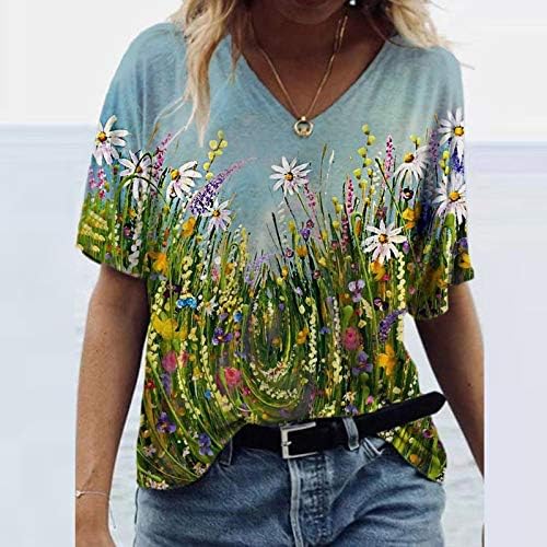 Tops de verão para mulheres 2023, Floral Graphic Short Sleeve V-Gobes de Top Summer Top Top Tshirts Vintage