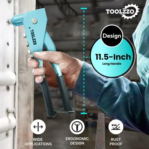 Toolzzo Heavy Duty Riveter - Kit de armas de rebite com 120 rebite em 4 tamanhos - 4 peças de nariz intercambiáveis, recipiente destacável, ferramenta de rebite de alça não -deslizante - ferramenta de rebite de metal pesado