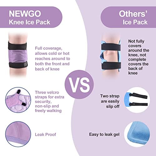 Newgo Ice Pack para cirurgia de substituição do joelho, gel reutilizável Gel Pack Knee Knee Pack envolta em torno do joelho inteiro para lesões no joelho, envoltório de gelo do joelho para alívio da dor, inchaço, hematomas - roxo