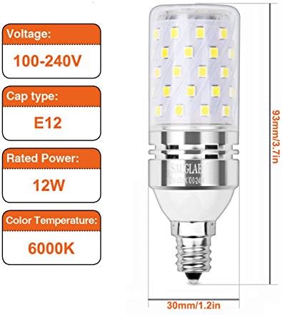 Bulbos de milho de Sagel E12 LED 12W, 100W Bulbos incandescentes equivalentes, 6000k Candelabra e12 SES Bulbos, não-minimizáveis, 1200lm, pequenas lâmpadas de milho de parafuso Edison, lâmpadas de 4 pacotes