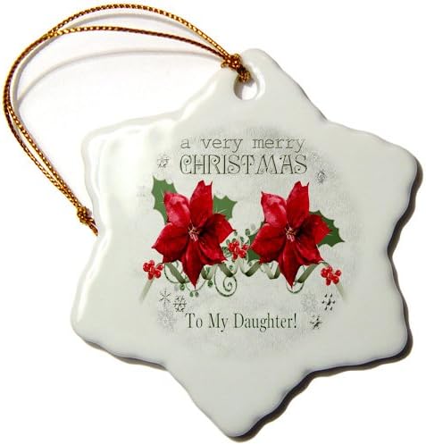 3drose orn_154933_1 frutas e poinsettias, um feliz natal, para minha filha Snowflake Ornament, porcelana, 3 polegadas