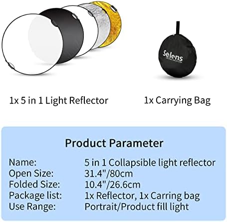 Fotografia refletor de 32 polegadas de 32 polegadas, refletor de luz dobrável com estojo de transporte, refletor de 5 pol.