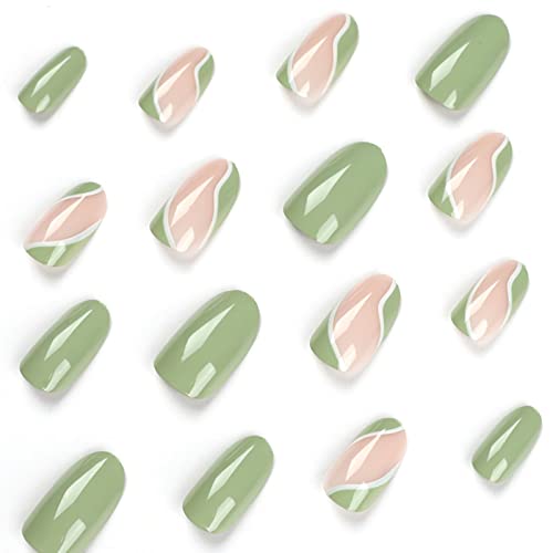 24 PCs Pressione verde na unhas comprimento médio, formato de amêndoa unhas falsas com listras design capa completa