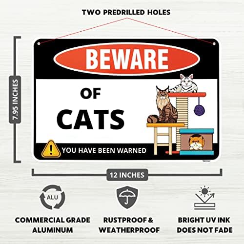 Venicor Cuidado com o sinal de gato - 8 x 12 polegadas - alumínio - placas engraçadas de porta de gato - ataque de gato signo - gatos fofos aviso de decoração sinais para gatas gatas amantes da casa de parede de parede de pared
