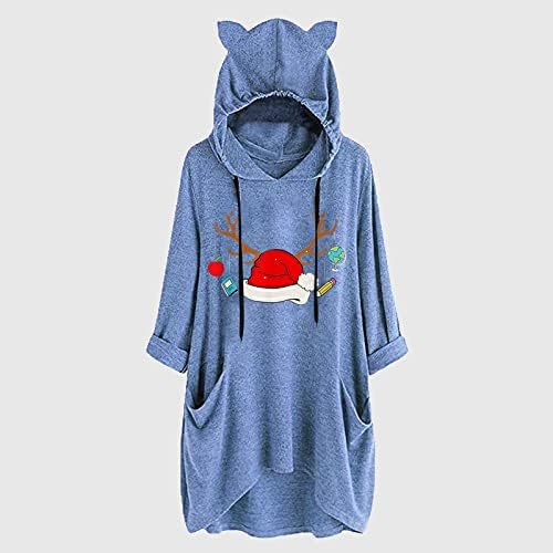 Hoodies para mulheres fofas de chapéu de natal gráfico de grandes dimensões com capuz de moletom com manga longa bolsos de orelha de gato tops