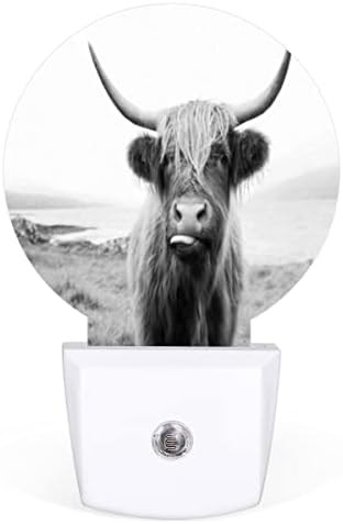 Luzes noturnas 2 pacote, escocês highland vaca redondo plug em luz noturna de parede, lâmpada de sensor de luz de luz escura para o