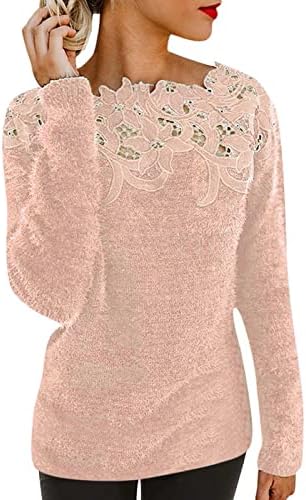 Mulheres Lace Crochet Manga longa de suéteres ombros Casual Fall Knit Pullover Fuzzy Jumper Tops elegante blusa moderna