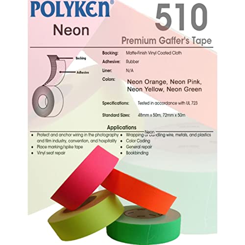 Polyken 510 fita de gaffer de neon de neon 48 mm x 45m - 3 pacote de conveniência de rolo
