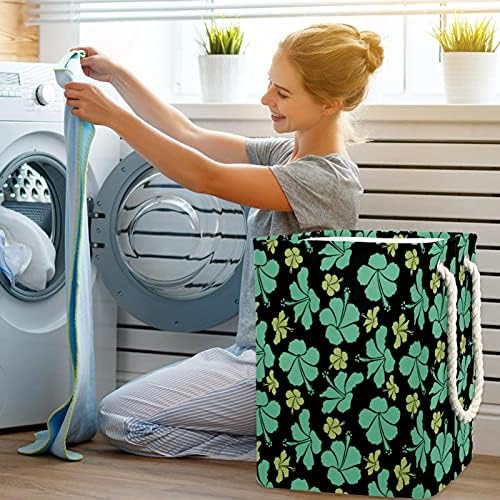 Cesta de lavanderia com alça de corda, sortudo brinquedos de trevo de quatro folhas e organização de roupas, lavanderia