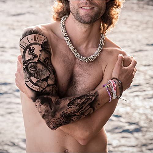 Manga de tatuagem temporária de lobo de leão Briyhose, manga de tatuagens falsas de animais de braço completo de braço completo para homens para homens adultos, longa duração do braço preto TATOO TATOO LEGA MAGURA DE ART