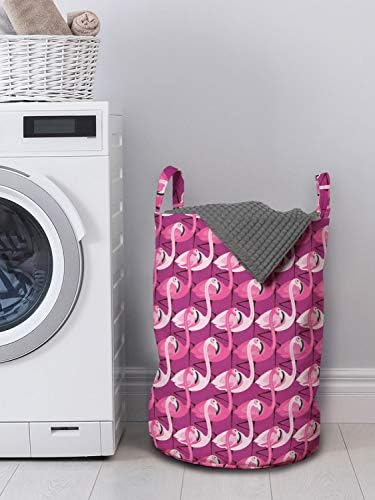 Bolsa de lavanderia de Animais Ambesonne, tema exótico ondulado flamingos tropical Padrão Arte Natural, cesta de cesto com alças Fechamento de cordão para lavanderias, 13 x 19, rosa rosa rosa