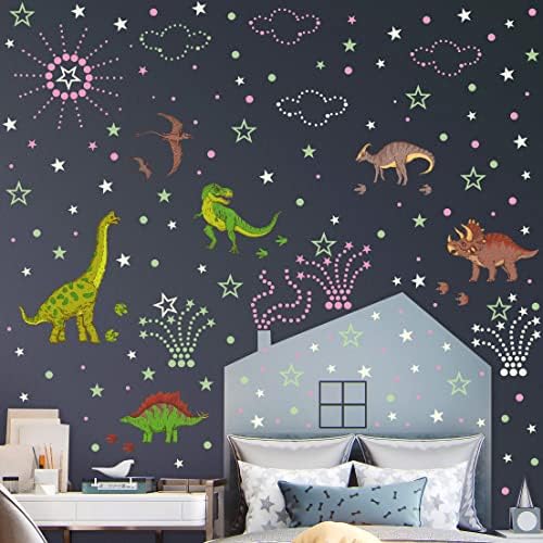 Buiory 925pcs brilho nos decalques de parede de dinossauros escuros removíveis Diy Green Green Stars e pontas de parede de parede de parede PVC PVC e decoração de parede luminosa fluorescente para crianças meninas meninos garotas berçário sala de estar sala de brincadeira sala de estudo decora