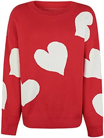 Mulheres fofas de estampa de coração suéteres casuais leves de tricotar leves suéter de túnica de manga comprida no pescoço