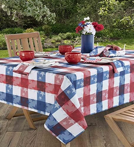 Newbridge American Tossed Starsed Stars Patriótica Plaid Indoor Outdoor Fabric Tonela, Red Tone Stain Stain Stain Stain e rugas,