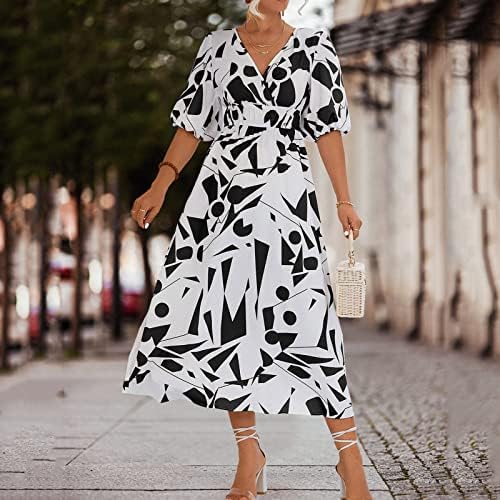 Mulheres Casual Casual Sleva Buff-Buff de Vestido de Vestido Geométrico Cintura Elasta A elástico A-line Midi Flowy Dresses Summer Shirt Dress Dress