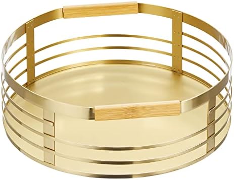 MDESIGN Modern Metal Metal Lazy Susan Bandeja giratória - Organizador giratória de armazenamento rotativo com alças de bambu para cozinha, despensa, armário, mesa, geladeira, 11,5 polegadas redondo - Brass macias/natural