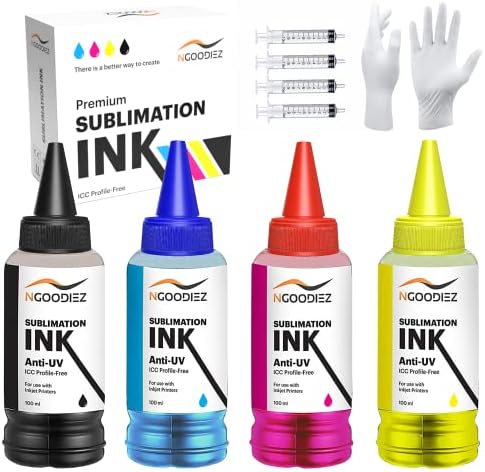 NGOODIEZ SUBlimation Bottles de reabastecimento de tinta para todas as impressoras de sublimação da Epson Ecotank, Supertank & Jet Ink -jet - ICC, anti -UV e resistência ao desbotamento - vem com seringas