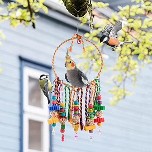 Poleiro de pássaro com brinquedos coloridos de mastigar brinquedos de bala de pássaro com cordas de algodão coloridas e brinquedos