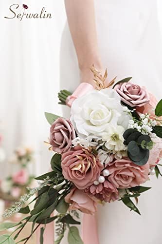 Serwalin 9,8 polegadas de casamento buquês para a noiva dama de honra, buquês de noiva rosa empoeirado para noiva, Buquê de Bouquet de Flores de Casamento, Cerimônia de Casamento e Decoração do Dia dos Namorados do Aniversário